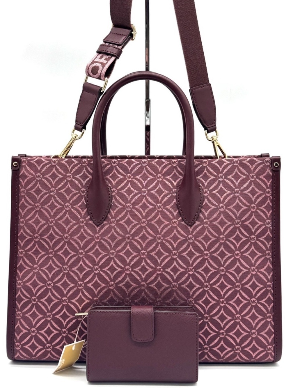 Michael Kors Medium Mirella Tote Bag & Matching Bifold Zip Chain Wallet Ox Blood - Picture 4 of 12